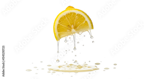 Mid Squeeze Lemon Wedge with Citrus Droplets on White Background