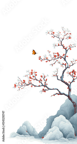 Minimalist Chinese Landscape Painting Red Plum Blossoms Blue Rocks Orange Butterfly