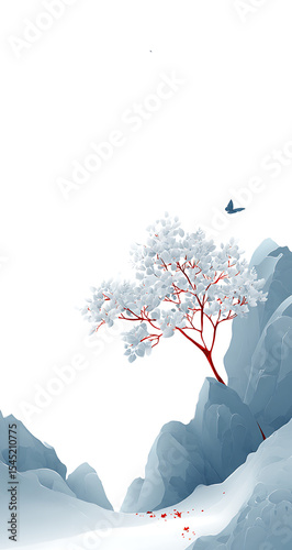 Minimalist Chinese Landscape Painting White Background Red Branch Tree Blue Mountains
