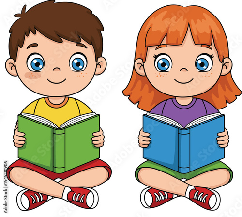 Cute Cartoon Boy and Girl Sitting Cross-legged and Happily Reading Books, Promoting Childhood Literacy and Education for Young Learners.