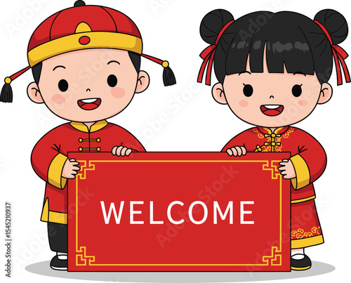Cute Chinese New Year Kids Welcome You to Lunar Celebration: Adorable Boy and Girl in Traditional Attire Holding a Red "Welcome" Sign for Spring Festival Joy.