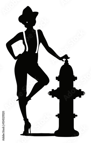 Elegant Silhouette of a Woman Posing by a Fire Hydrant in Black and White