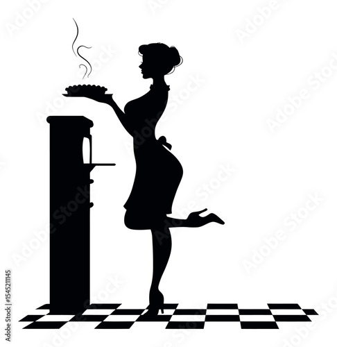 Elegant Silhouette of a Woman in Retro Kitchen Holding a Dish with Steam