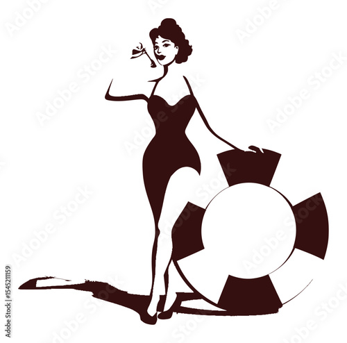 Vintage Silhouette of Woman with Life Ring and Cocktail in Retro Style