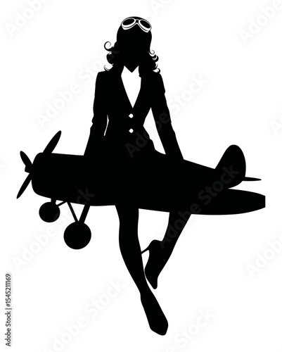 Silhouette of a Woman with Airplane in Vintage Style on White Background