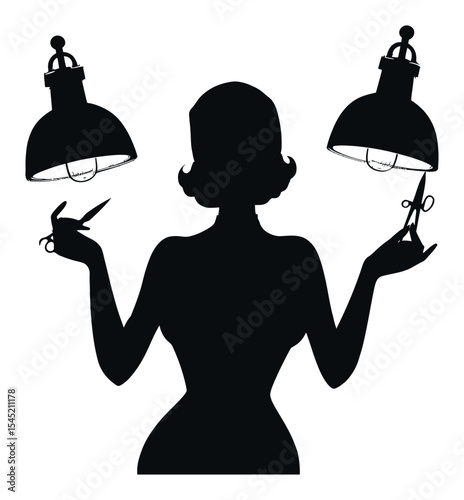 Elegant Silhouette of a Woman with Scissors and Lamps in Artistic Design