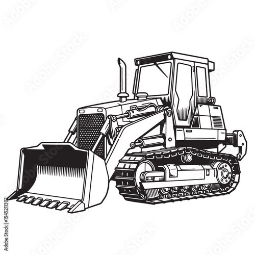 Detailed black and white silhouette art of a bulldozer depicting heavy construction equipment for industrial and engineering projects