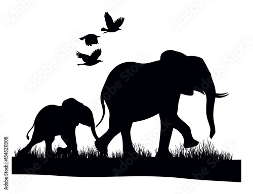 Majestic Elephants Silhouette Walking in Grass with Birds Flying Above