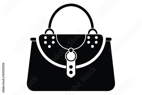 Elegant Black Handbag with White Accents and Circular Clasp Graphic Illustration