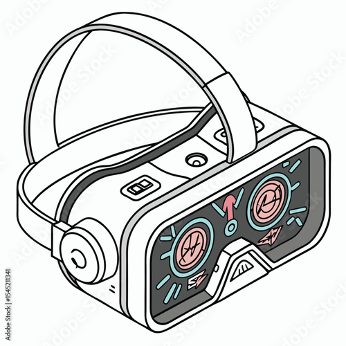 Isometric view of a virtual reality headset with a white frame and colorful screen details displayed clearly