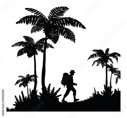 Adventurous Hiker Silhouette Among Tropical Plants and Palm Trees in Nature
