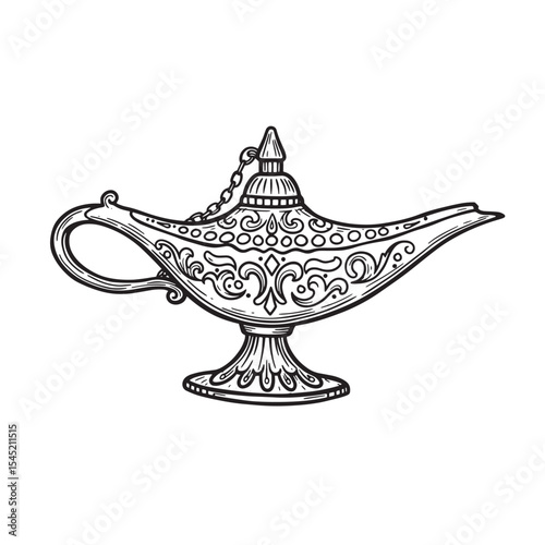 Detailed vintage art silhouette of a magic lamp illustrating fantasy wishes and fairytale dreams