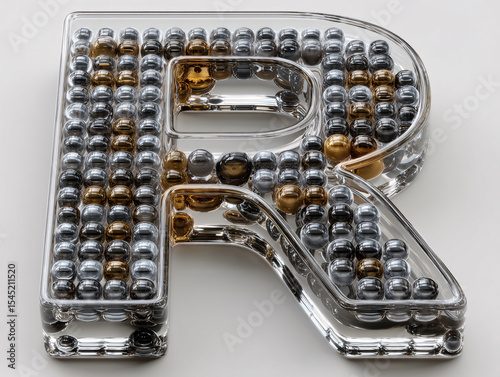 3D rendering of a transparent, glass-like letter 