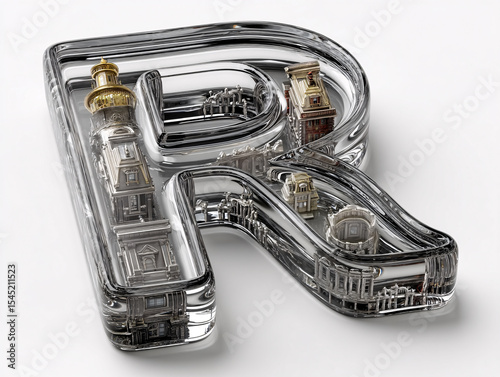 3D rendering of a transparent, glass-like letter 