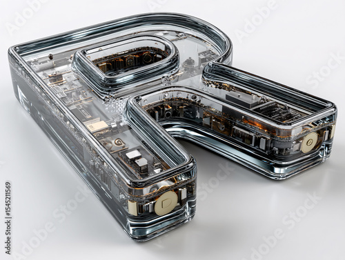 3D rendering of a transparent, glass-like letter 