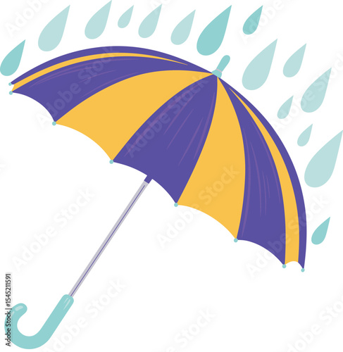 Colorful Striped Umbrella in Purple and Yellow with Falling Raindrops, Symbolizing Rain Protection and Rainy Season, Perfect for Weather and Outdoor Conceptsy.