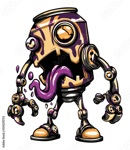 Colorful Cartoon Robot Can Character With Purple Tongue and Funky Design