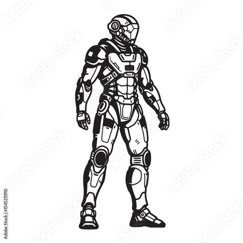 Futuristic robot warrior in detailed vintage art silhouette illustration