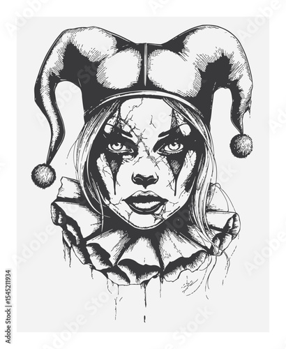 Hand-Drawn Portrait of a Clown with Unique Hat Design and Dramatic Features