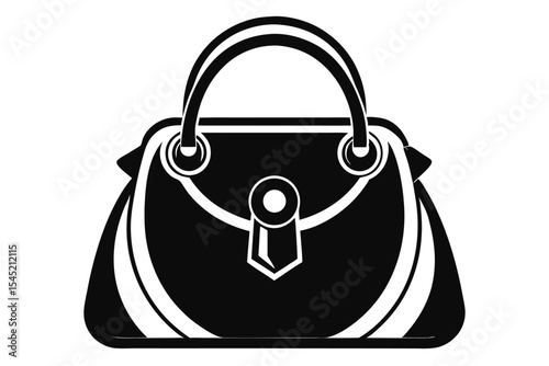 Elegant Black and White Handbag Illustration with Unique Latch and Handle Design