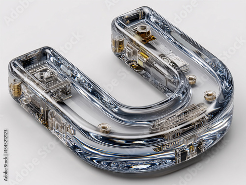 3D rendering of a transparent, glass-like letter 