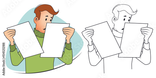 Concentrated man office worker holding two sheets.
