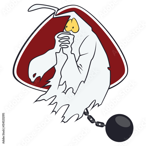 Frightened ghost with cannonball on chain.