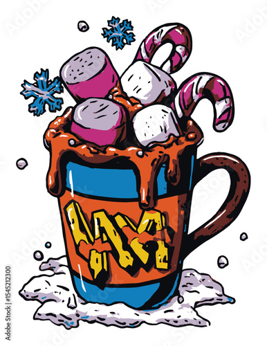 Colorful Cartoon Mug with Hot Chocolate and Marshmallows Fantasy Scene
