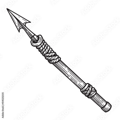Hand drawn vintage tribal spear weapon illustration in classic black and white style art silhouette perfect for graphic design projects