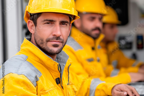 Team of industrial workers in yellow protective uniforms and helmets focused during shift in control room