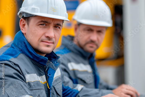 Portrait of two industrial workers in protective helmets and uniforms focused during shift at jobsite