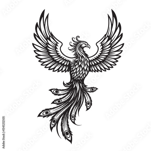 Majestic vintage art silhouette of a phoenix bird with spread wings and ornamental tail feathers