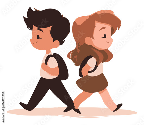 Cute Cartoon Kids Walking Side by Side with School Backpacks