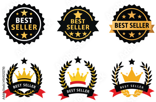 Six Best Seller Badges Gold Crowns Black Stars White Background Award Icons vector