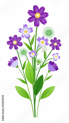 Colorful flat style flower garden illustration featuring a mix of purple, white, and lavender wildflowers with green leaves and plants