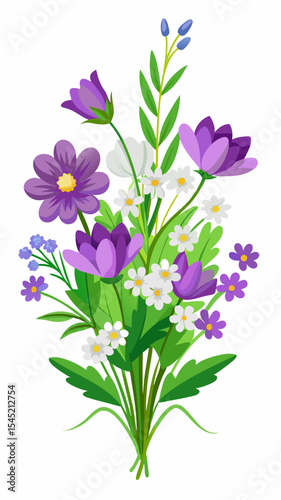 Colorful flat style flower garden illustration featuring a mix of purple, white, and lavender wildflowers with green leaves and plants