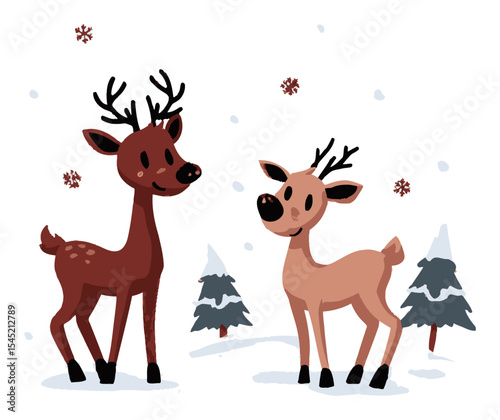 Charming Cartoon Reindeer in Snowy Winter Scene with Pine Trees