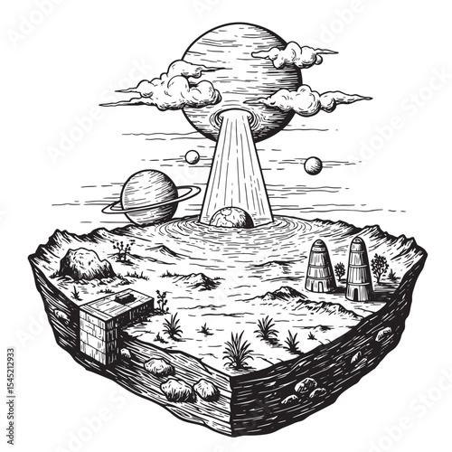 Surreal vintage art silhouette depicting an alien planet and cosmic energy flow
