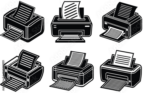 Six Black and White Inkjet Printer Icons Printing Striped Documents Various Angles