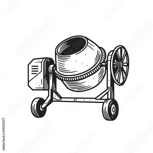 Vintage art silhouette illustration of a concrete mixer for construction purposes