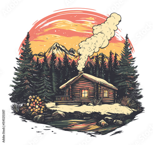 Cozy Cabin in the Woods with Mountain View and Sunset Background