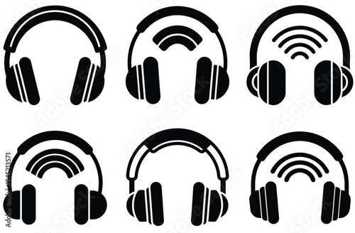 Six Black Silhouettes of Headphones Wireless and Wired Audio Icons Set white