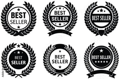 Six Blackand White Best Seller Award Badges Circular Iconswith Laurel Wreaths Starsand Ribbons