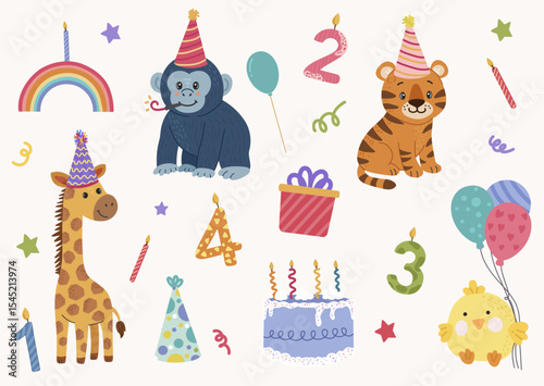  Happy birthday set with cartoon animals. For birthday party, greeting card, invitation, event, poster, sticker, prints.
