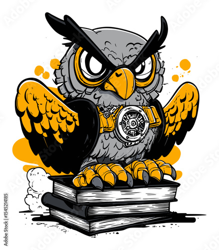 Stylish Owl Character with Watch and Books in Vector Art Design
