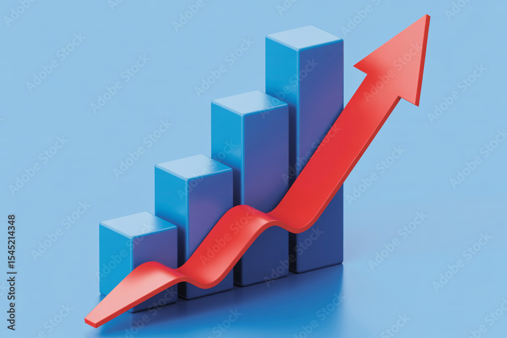 3d render of upward trending bar graph with red arrow 3d render of upward trending bar graph with red arrow