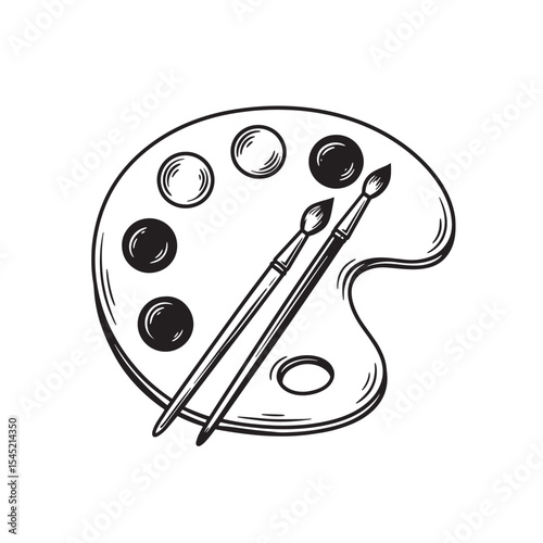 Vintage art silhouette of paint palette and brushes for artistic creation and painting concepts