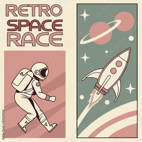 Retro space race illustration featuring an astronaut and a rocket ship with planets and stars in space theme