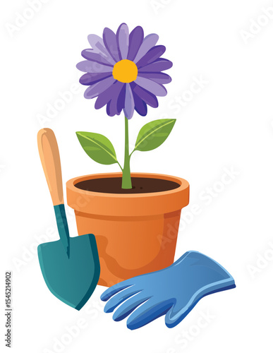 Flowerpot with Purple Daisy and Garden Tools