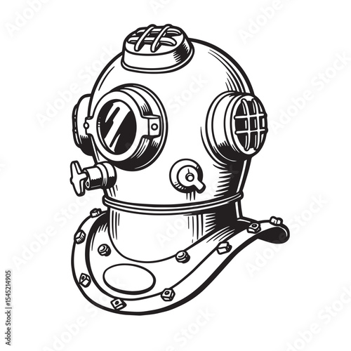 Vintage diving helmet art silhouette for marine exploration illustration